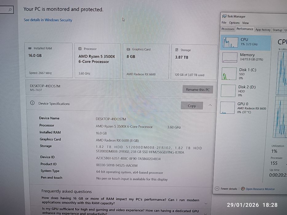 PC gaming Ryzen5 3500X 16Gb RX6600 8Gb DDR6
