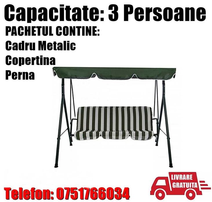 Balansoar Leagan Banca Metal Verde Curte Gradina Terasa 3 Persoane Relaxare Livrare GRATUITA !