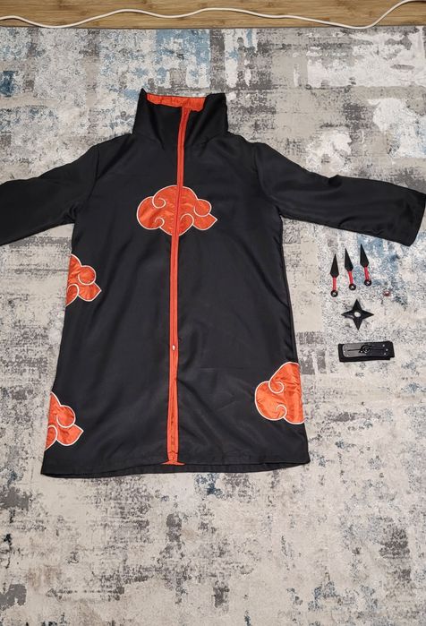 Costum Akatsuki Naruto + Accesorii (kunai, shuriken, bandană, inel)