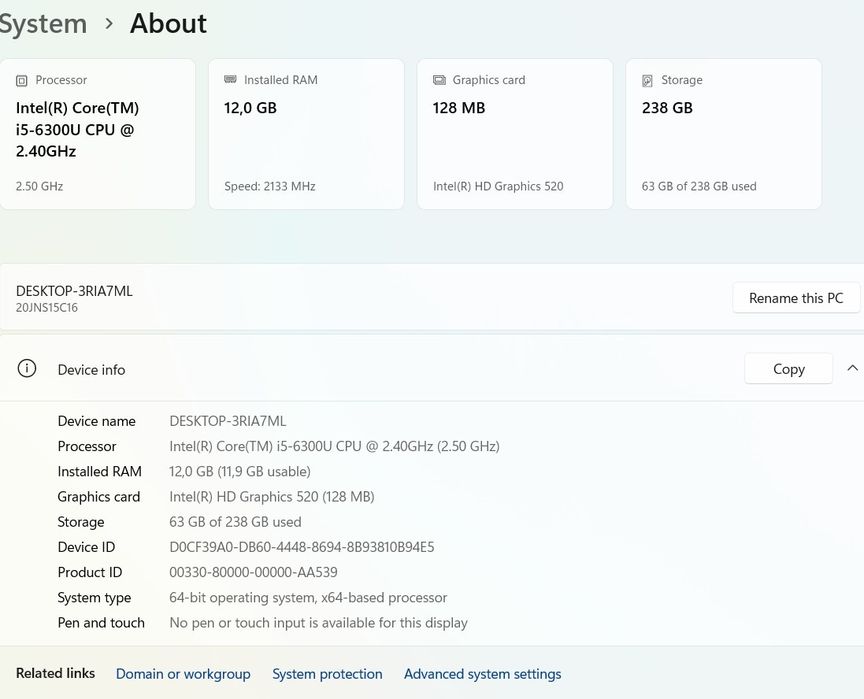 Laptop Lenovo T470 I5 6300U 2,4GHZ/3GHz, 12GB 256GB, Intel UHD 520, Windows 11, Office 2024