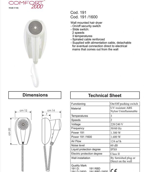 Uscator de par, montaj pe perete, 1300W, 3 trepte