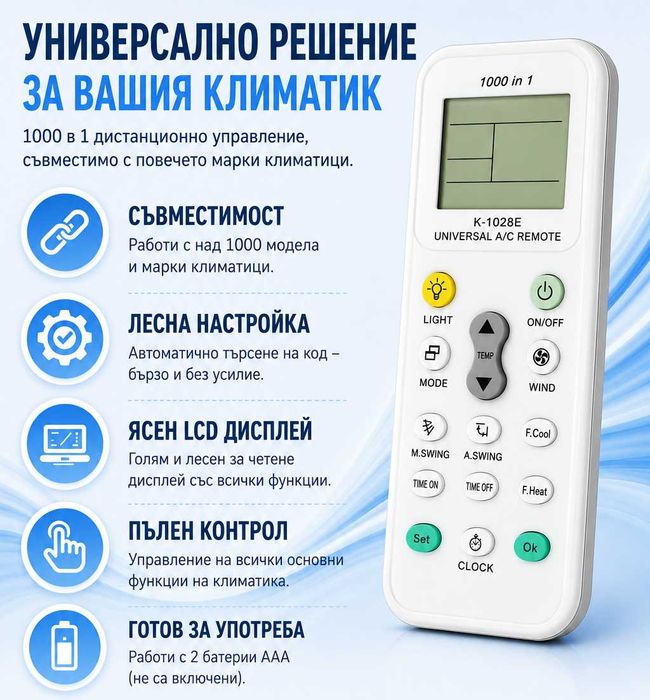 Универсално дистанционно за климатик или телевизор  (LCD/LED/Smart TV) – съвместимо с много модели