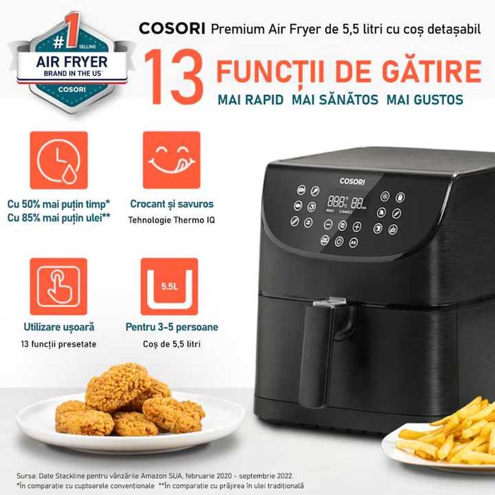 Sigilat Friteuza cu aer cald COSORI Premium CP158-AF-RXB, 2.2kg 5.5l, 1700W, negru