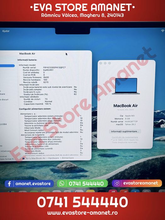 Laptop Apple MacBook Air 13.6” Space Gray M3 Cip 256GB 8GB RAM Touch ID A3113 2024 Battery Life 100% (73 Cicluri) Complete in Box