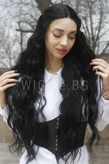 Дълга черна къдрава лейс фронт перука Роберта