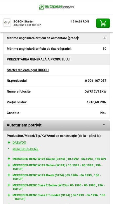 Demaror, electromotor, starter Bosch pentru Mercedes, VW, Ssangyong