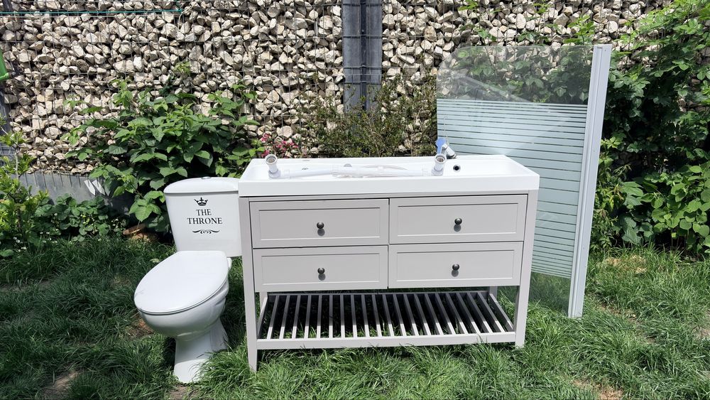 Set mobilier chiuveta dubla, wc, sticla paravan, baterie