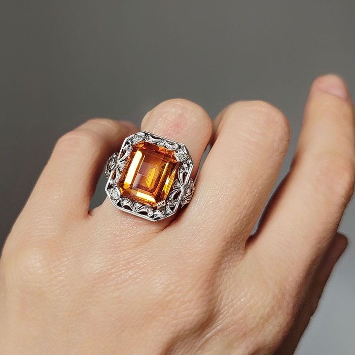 inel Belle Epoque, aur 18k, safir galben labgrown, diamante, certif