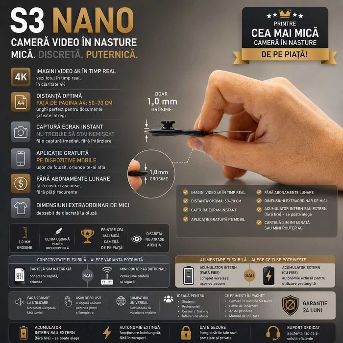 Camera pentru copiat - Casti de copiat iCheat S3 Nano 4K UHD Mini in Nasture, Functioneaza cu Telefonul, Livrare Rapida din Stoc