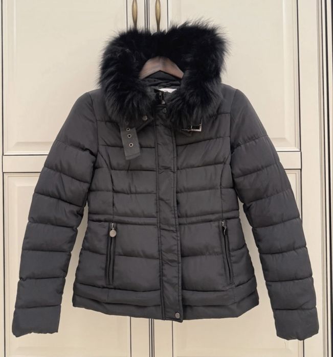 Geaca dama puffer - gluga si blana neagra, S