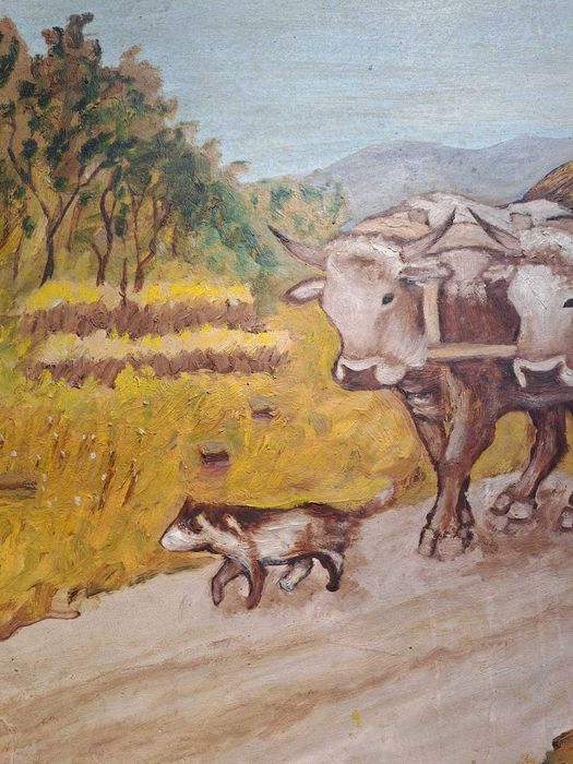 tablou vechi romanesc pictura pe carton 70/49 cm semnat