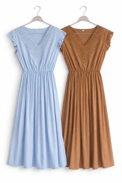 Rochii midi elegante, bleu sau maro, dantelă