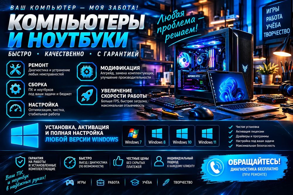 Ремонт, сборка и настройка ПК и ноутбуков.