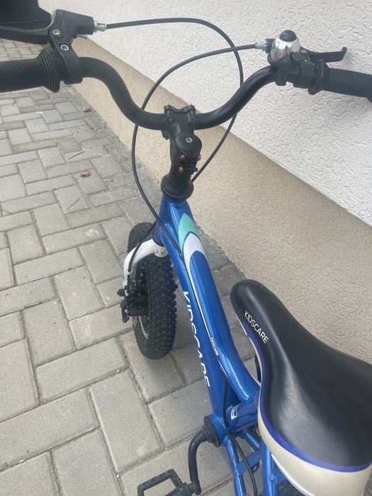 Bicicleta pentru copii 2-4 ani HappyCycles KidsCare, roti 12 inch, cu roti ajutatoare si frane pe disc, albastru