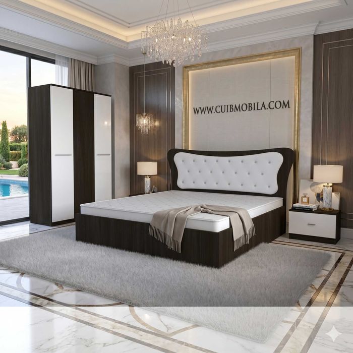 Dormitor complet .pat cu somiera +set noptiere+dulap  wenge cu alb  suntem fabrica de mobila