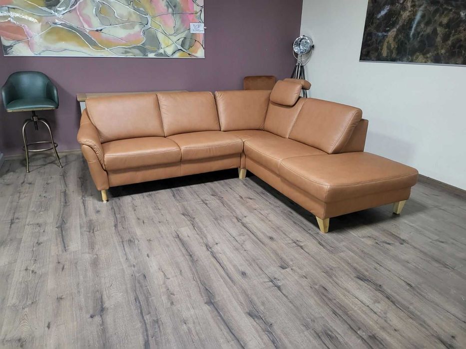 Светло кафяв кожен ъглов диван "Viola" с функция ракла