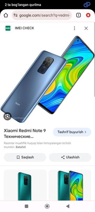 Redmi bot 9 karobka dakument yangi xolati edial