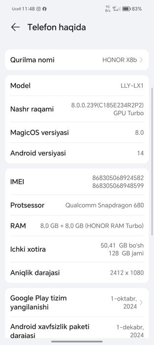 Honor x8b  Ram 8+8 turbo ishlashi zur