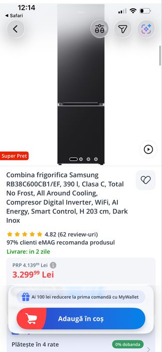 Combina frigorifica Samsung RB38C600CB1 EF 390 l Clasa C  Cooling, Compresor Digital Inverter WiFi AI Energy Smart Control H 203 cm Dark Inox