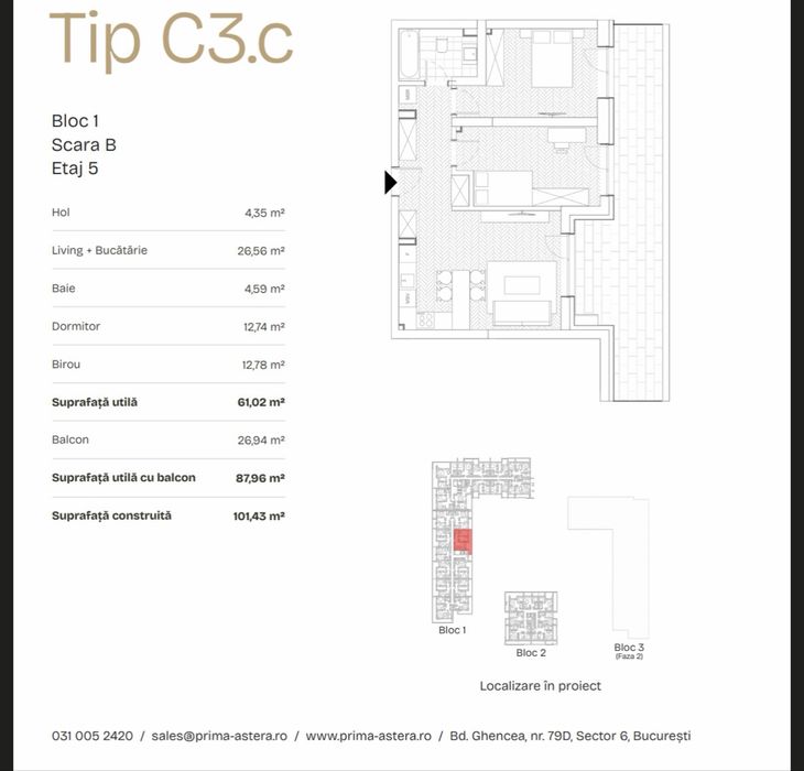 Apartament lux 3 camere, 61 mp + terasa 27 mp, mobilat si utilat complet, PRIMA Astera, Drumul Taberei
