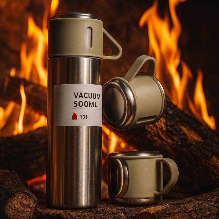 Подаръчен комплект термос с 3 чаши, зелен , розов, сив