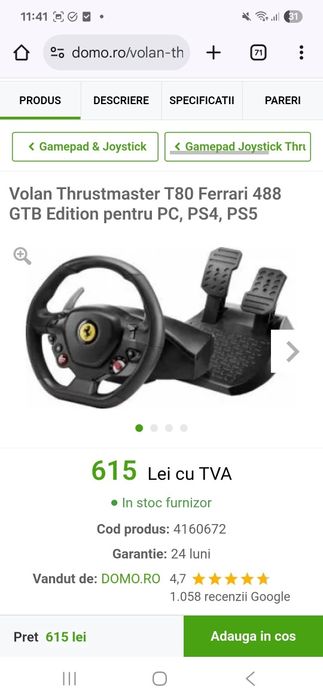 Volan gaming Thrustmaster T80 Ferrari 488 GTB — ca nou
