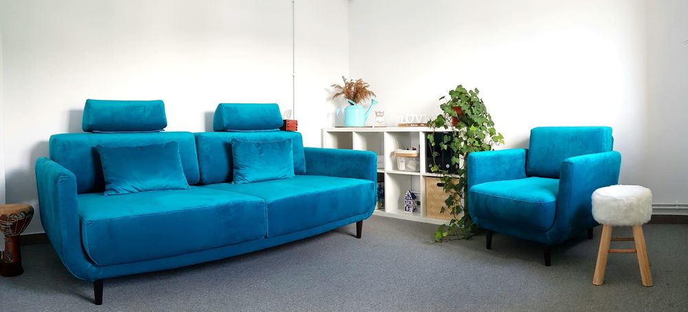 Canapea si fotoliu din catifea turcoaz