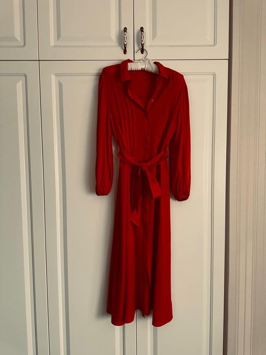 Rochie lunga , rosie , din bumbac cu cordon in talie masura S , Mango