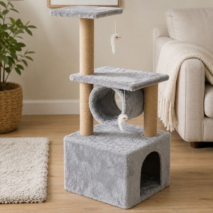 Драскалка за котки XL, 90 см – 4 нива с къщичка, тунел, играчки и сизалови колони