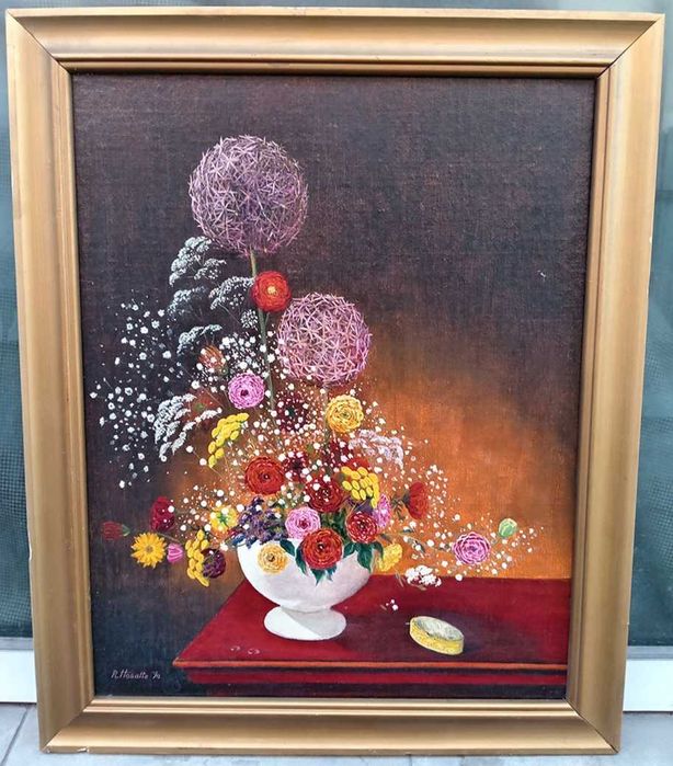 Tablou vechi - flori in vaza alba - semnat R. Hosatte 90