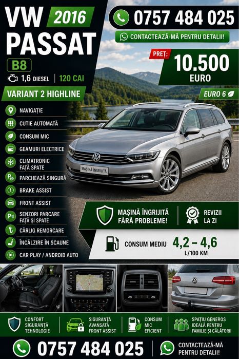 VW Passat B8 Highline 2016 DSG Euro 6 | 1.6 TDI 120 CP | Variant | 10.500€