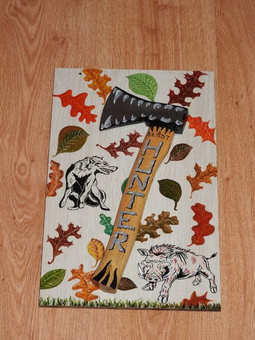 картина, брадва, глиган и вълк ,подарък за ловджии