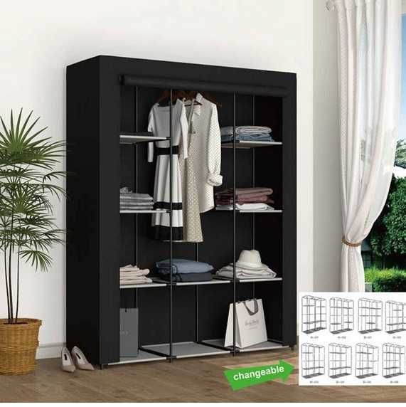 Текстилен Гардероб, трикрилен, сгъваем, етажерка, закачалка, рафт