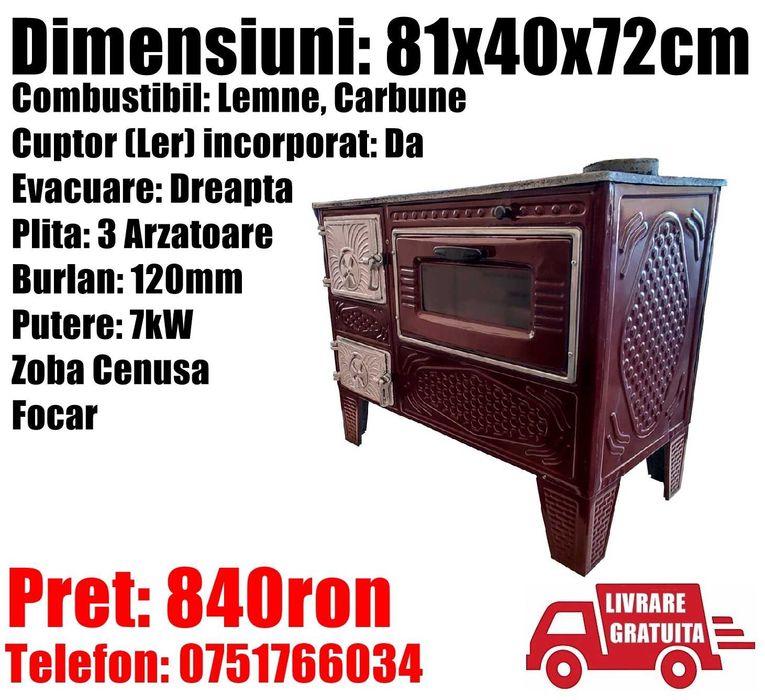 Soba Lemne Gatit Incalzit Spor Plita Cuptor 7kw Evacuare DREAPTA TM