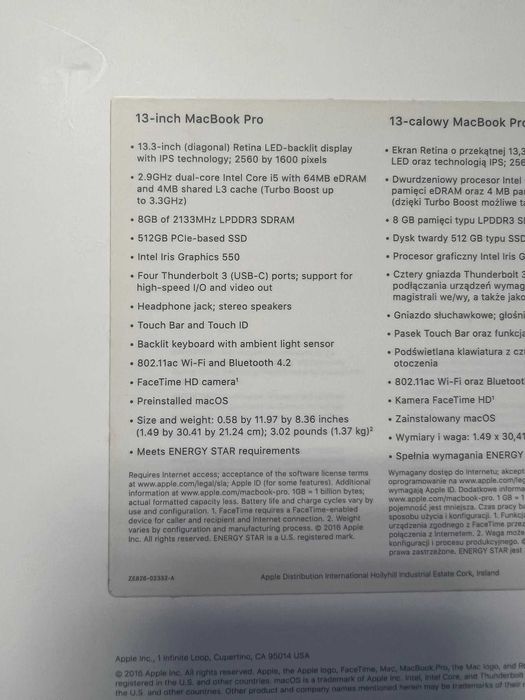 Apple Macbook Pro 13" A1706 Space Grey/2,9GHz/8GB/512GB/Touch Bar