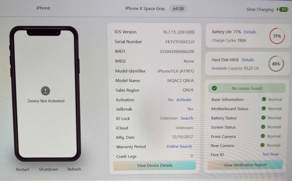 iPhone X 64GB Space Gray A1901 iOS 16.7.15 display spart functional