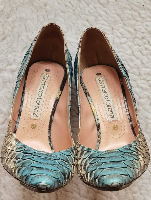 Pantofi lux stiletto toc metalic piele piton turcoaz Gianmarco Lorenzi