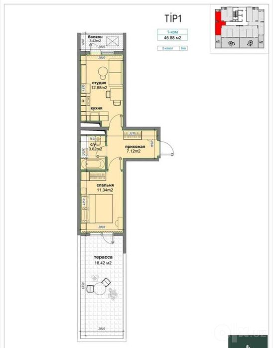 Bashkent 1-ком 45,88 м² 2 этаж | Большая терраса | Ипотека есть!
