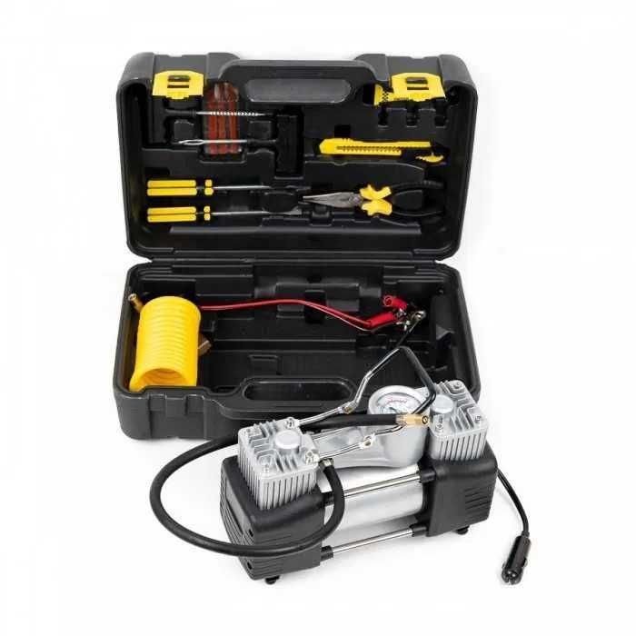 Двуцилиндров Компресор за Гуми В Куфар с накрайници + Авариен Комплект