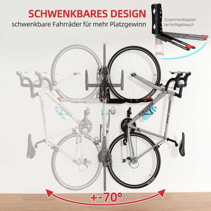 Suport de perete pentru bicicletă, set de 2 suporturi pivotante pentru garaj, economisire de spațiu, ușor de agățat și detașat, susține până la 40 kg
