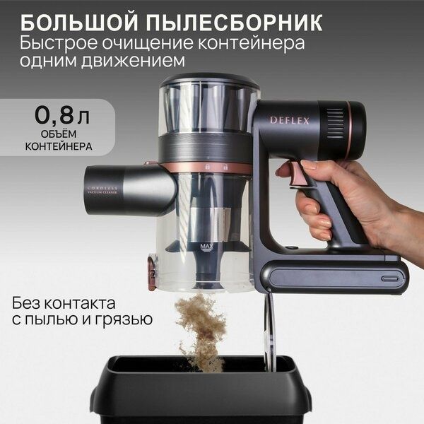 Вертикальный беспроводной пылесос DEFLEX HC1124 мощность всасывания 38