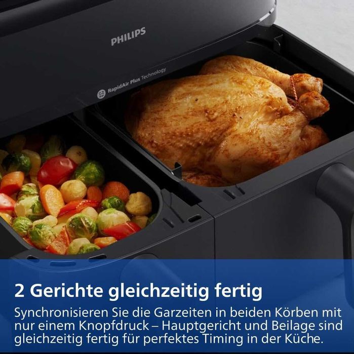 ПРОМО Нов 2г Гаранция Фритюрник с Горещ Въздух Airfryer Philips NA550/00 с Двойна Кошница