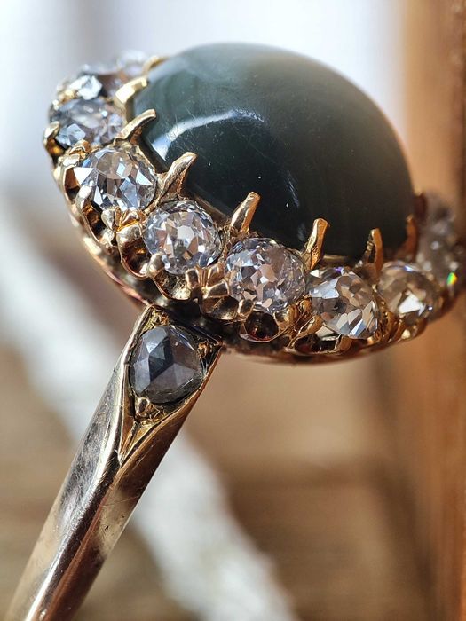 Inel aur 14k Victorian 1890 Quartz Cat EYE Cuartz si Diamant Diamante