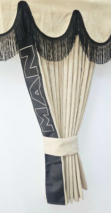 Бежови пердета за камиони MAN с кожена лента+кукички холандско чело