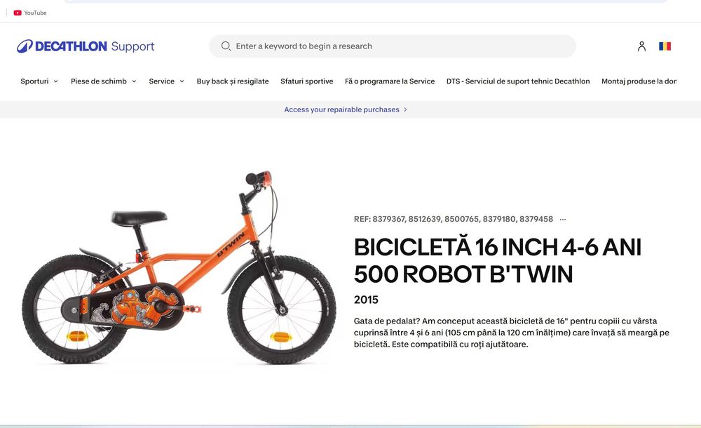 Bicicletă 16 inch 4-6 ani 500 Robot B'twin Dechatlon