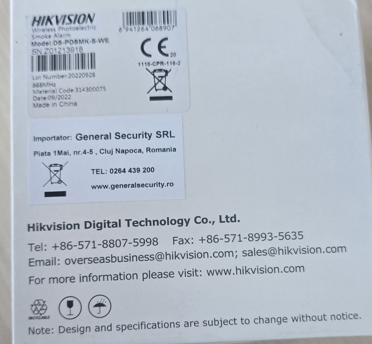 Detector de fum wireless Hikvision DS-PDSMK-S-WE
