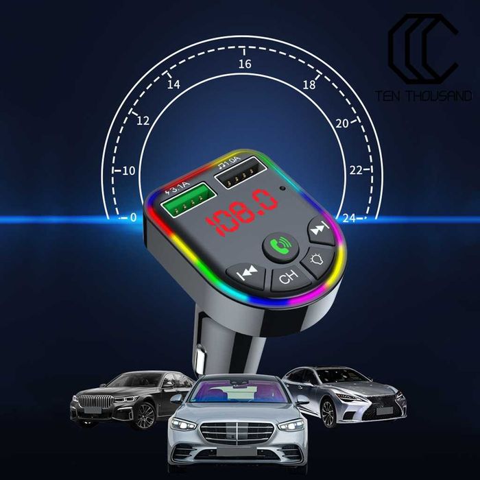 Блутут трансмитер за кола F5, с волъметър, зарядно, флашка, хендсфри