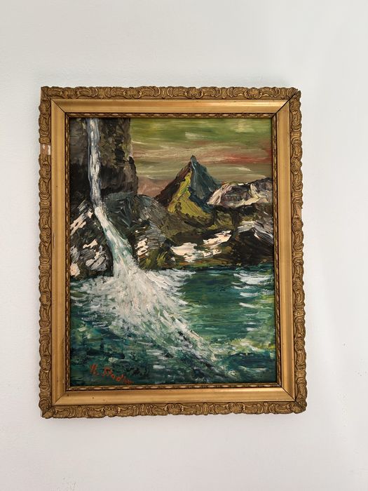 Tablou Vechi Ulei Cascadă H. Stadler cu Ramă Aurită - 34x43 cm