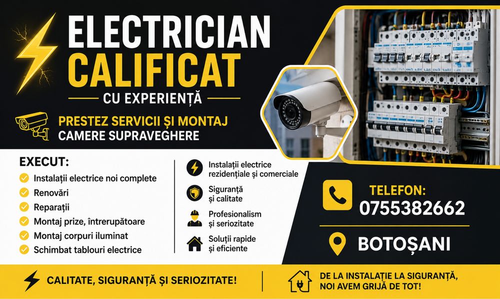 Electrician calificat cu experiență – Instalații electrice & Montaj camere de supraveghere.
