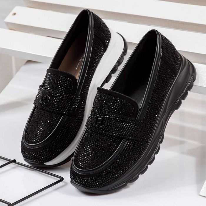 Всекидневни дамски обувки мокасини - черни от обърната еко кожa